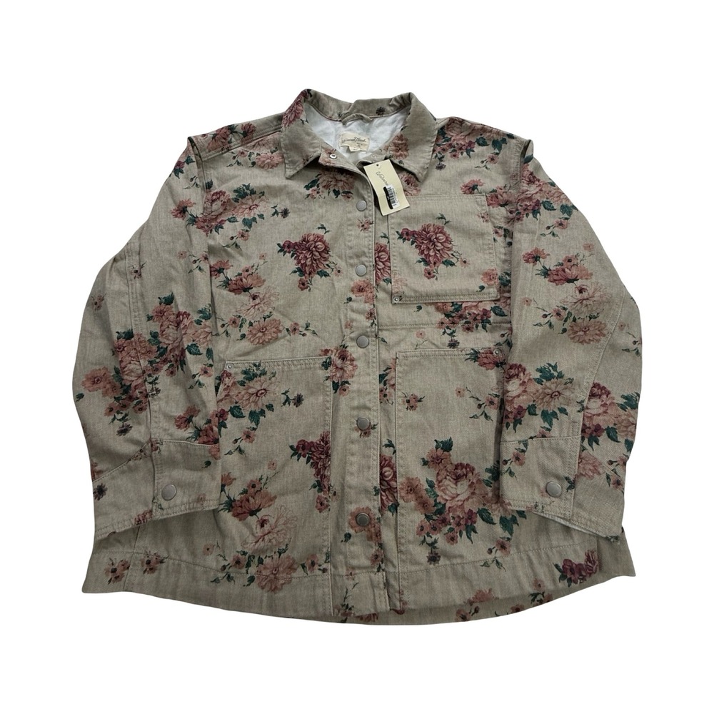 Universal Thread Jacket Womens XL Khaki Pink Floral Denim Cotton Cottagecore